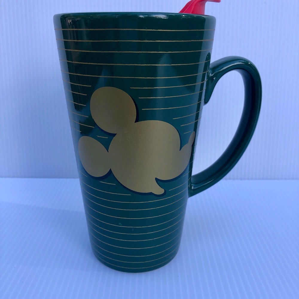 Disney Mickey Mouse Love Peace and Joy Holiday Green and Gold Ceramic Travel Mug